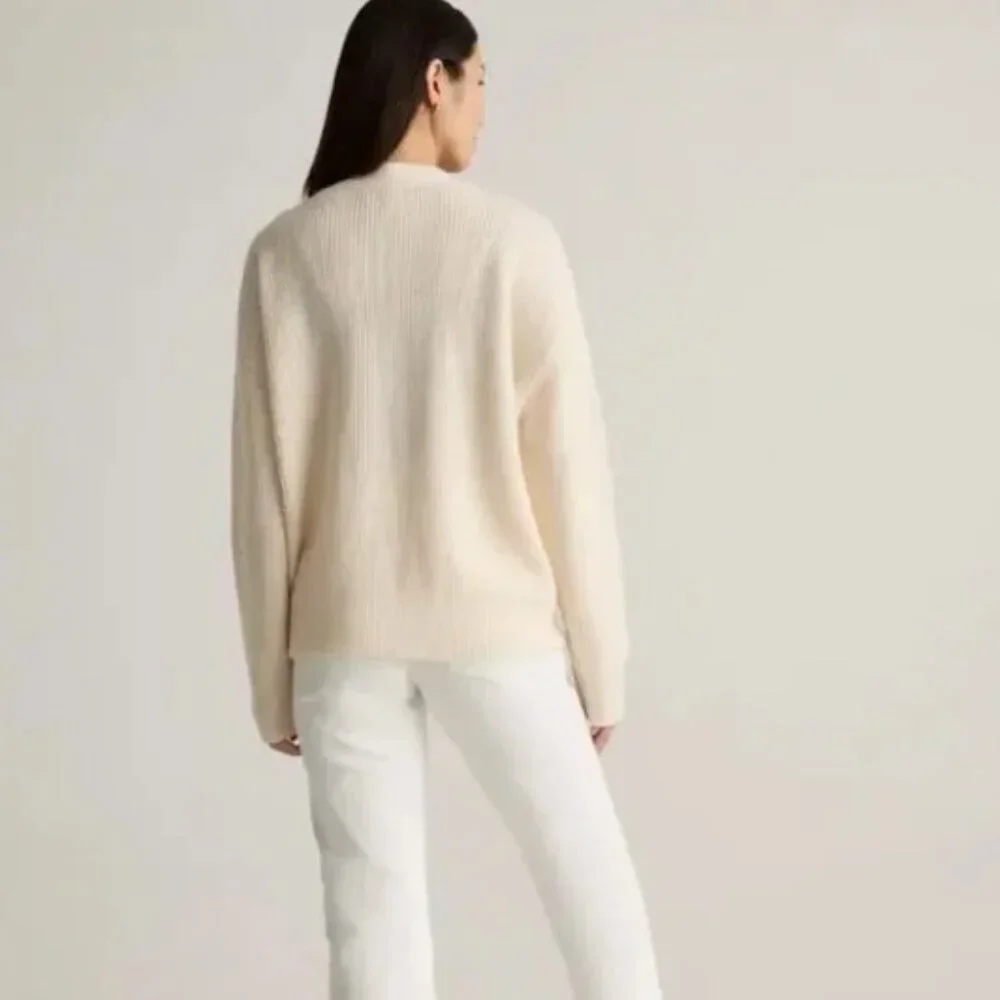 Quince Mongolian Cashmere Fisherman Boxy Cropped Cardigan Sweater Womens Ivory S - Picture 2 of 7